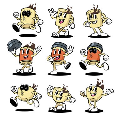 Çeşitli mutlu pozlarda kahve fincanları ve kupalar içeren eski çizgi film maskotu karakterleri koleksiyonu.