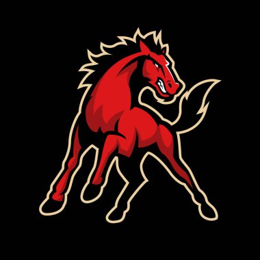 Kırmızı At Maskotu Logosu Siyah Arkaplanda Tehdit İfadesi, Spor Ekibi Amblemi