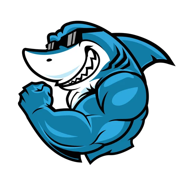 Güçlü karikatür köpek balığı karakteri çizimi pazı kaslarını esnetiyor ve güneş gözlüğü takıyor, gücü, güveni ve dinamik su ruhunu temsil ediyor, takım maskotları ya da cesur markalaşma için ideal.