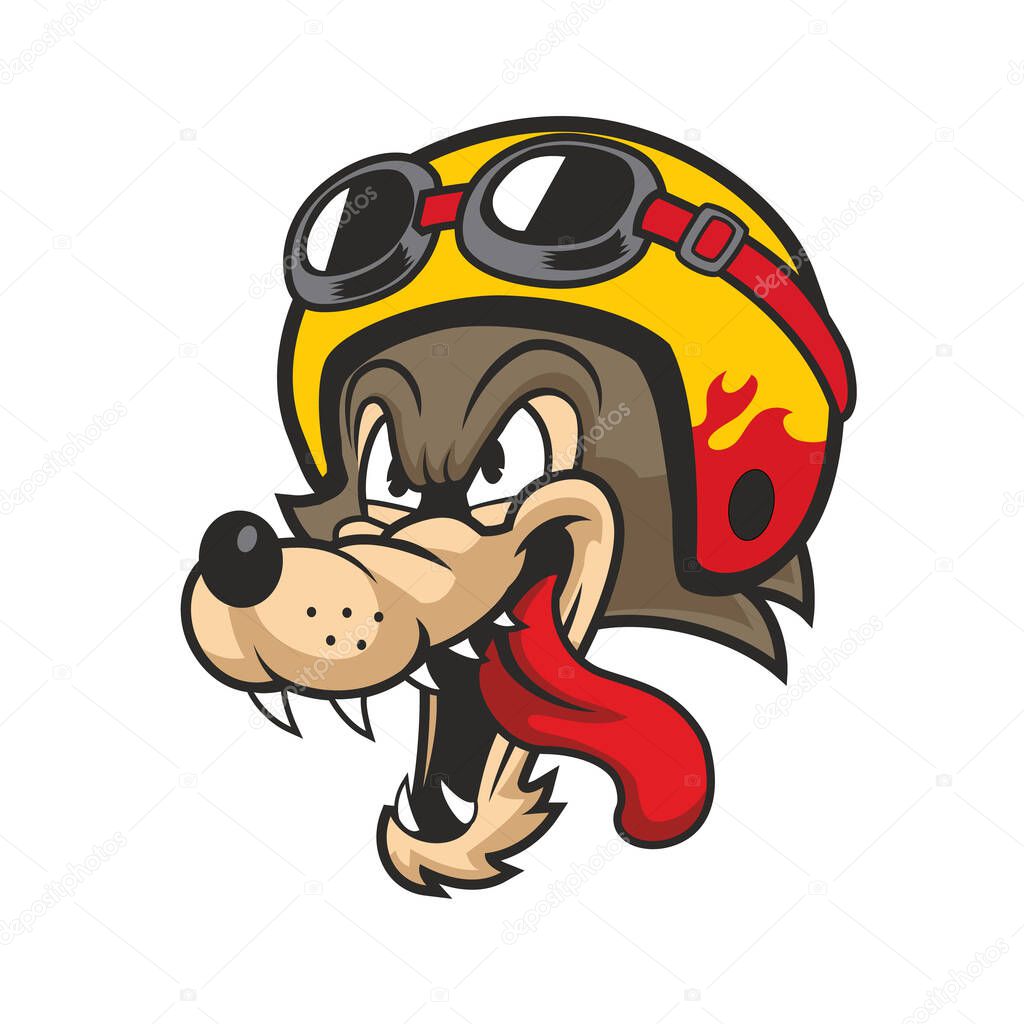 Cool Wolf Biker Mascot Logo with Helmet and Goggles Cartoon Vector Design