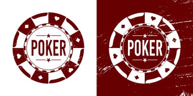 Kırmızı poker çipi. Kumarhane jetonları oyun kartları sembolleri, kalpler, maça, sinek, elmas.
