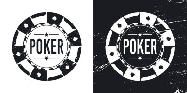 Siyah poker çipi. Kumarhane jetonları oyun kartları sembolleri, kalpler, maça, sinek, elmas.