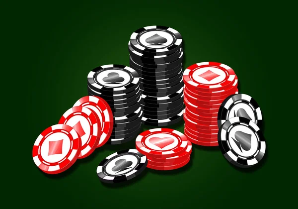赤と黒のポーカーゲームチップベクトルセット カジノトークントランプシンボル ハート スペード クラブ ダイヤモンド付きコイン — ストックベクタ