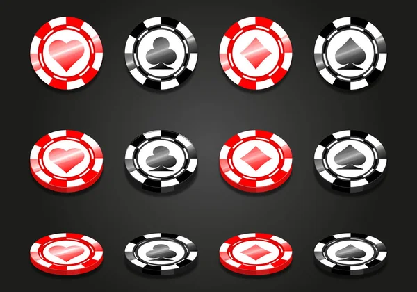 红色和黑色扑克游戏晶片向量集 赌场代币带有扑克牌符号 — 图库矢量图片
