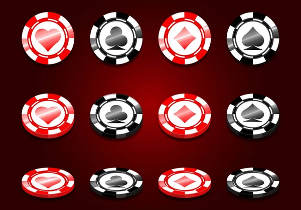 Kırmızı Siyah Poker Çip Vektörü Ayarlandı Kumarhane Jetonları Oyun Kartları — Stok Vektör