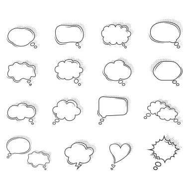 Çizgi film konuşma balonu. Konuşma bulutları, düşünme baloncukları ve konuşma metinleri vektör illüstrasyonu seti. Boş konuşma ve düşünce baloncukları. İyi ölçekleme. Mükemmel şeffaflık
