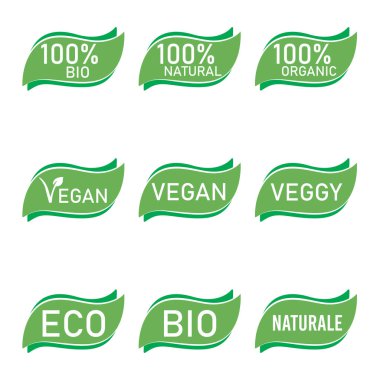 Vejetaryen ikonu seti. Biyoloji, Ekoloji, Organik logolar, ikon, etiket, etiket. Beyaz arkaplanda yeşil yaprak simgesi