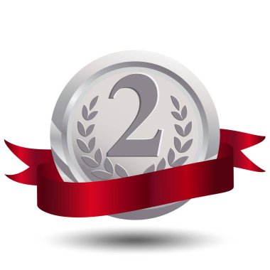 Kırmızı Kurdeleli Şampiyon Gümüş Madalya Şablonu. Şeffaf Arkaplanda İkincilik Simgesi İzole Edildi. Vektör İllüstrasyonu