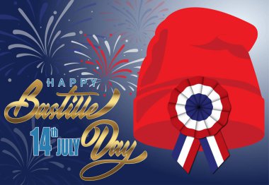 Frijyen şapkası ya da üç renkli kakaolu özgürlük şapkası. Bonnet phrygien. Prise de la Bastille 14 ıslahevi. Bastille Günü 14 Temmuz. İyi şenlikler millet. Fransız Ulusal Günü. Çok yaşa Fransa. Tebrik kartı