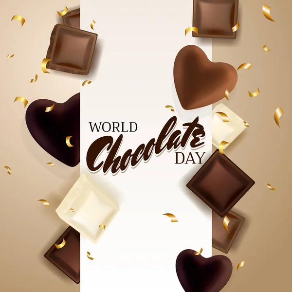 巧克力片和巧克力心巧克力的名称 金发碧眼世界巧克力日快乐 7月7日 — 图库矢量图片