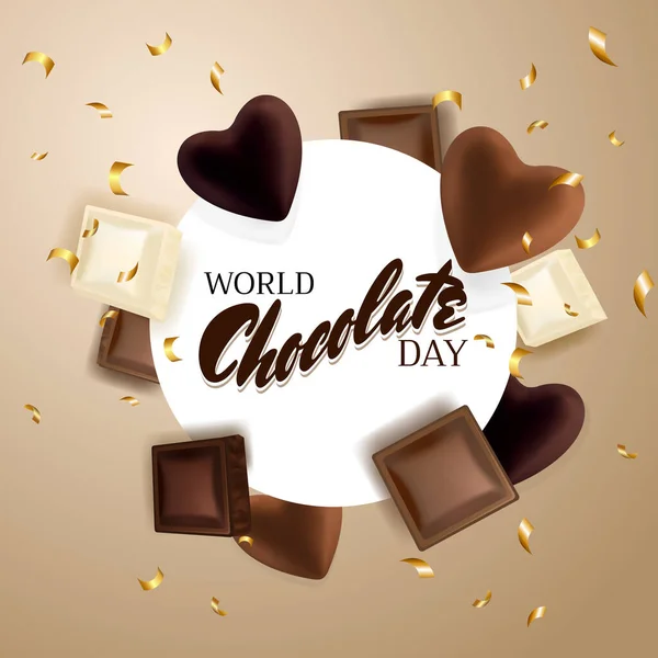 巧克力片和巧克力心巧克力的名称 金发碧眼世界巧克力日快乐 7月7日 — 图库矢量图片