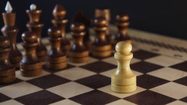 Satranç oyunu. Satranç tahtasındaki siyah ve beyaz parçalar. Tek beyaz piyon siyaha karşı. Uluslararası Satranç Günü 20 Temmuz