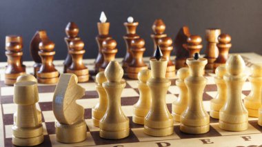 Satranç oyunu. Satranç tahtasındaki siyah ve beyaz parçalar. Uluslararası Satranç Günü 20 Temmuz