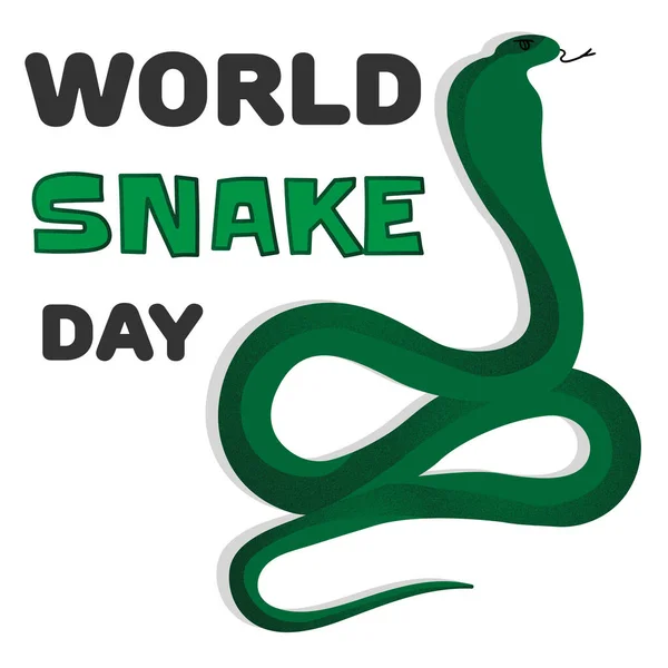 有头衔的绿色蛇眼镜蛇 世界蛇日卡片 — 图库矢量图片