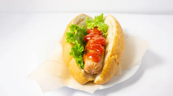 Jeden Hot Dog Talerzu Hot Dog Ketchupem Zbliżenie Amerykańskie Jedzenie — Zdjęcie stockowe
