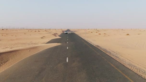 Vertical panning from a quadcopter. White car is driving on road in the desert — Stock Video