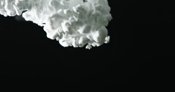 Weiße Farbe plätschert ins schwarze Wasser und schafft ein schönes Muster — Stockvideo