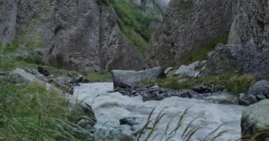 Dağ nehri, kayaların arasında güçlü bir akıntıyla kaynıyor.