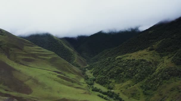 Kaukaz. Widok na dolinę górską z polami, lasami i szczelinami — Wideo stockowe