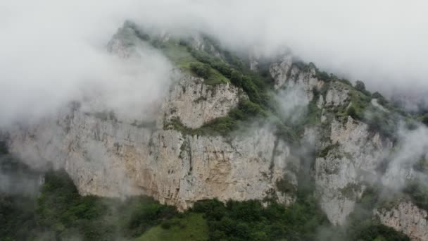 Altas montañas con pendientes empinadas rocosas, picos cubiertos de denso bosque verde — Vídeo de stock