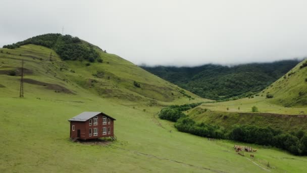 Самотній дерев'яний будинок на палях у полі в гірській долині серед зелених пагорбів — стокове відео