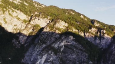 Yükselen güneşin ışığında yoğun ormanlarla kaplı taştan bir dağ yamacı.