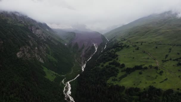 Letecký pohled na horskou řeku mezi lesy v nížině mezi horami — Stock video