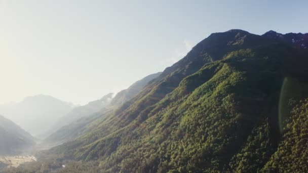 La luce del sole che sorge illumina il versante densamente boscoso della montagna — Video Stock