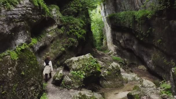 Una giovane donna cammina lungo un sentiero tra le pietre in una gola di montagna — Video Stock