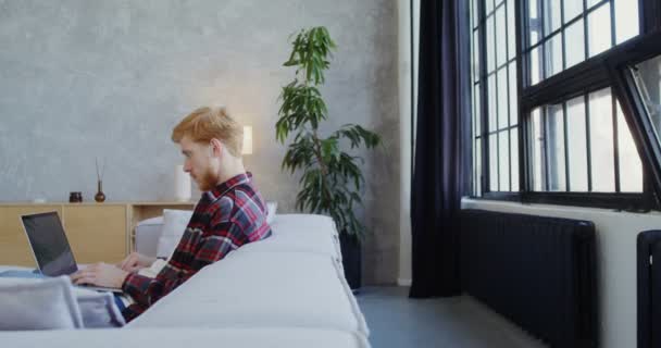 A man with a beard of uses a laptop sitting on a sofa in a modern light interior — Stock Video