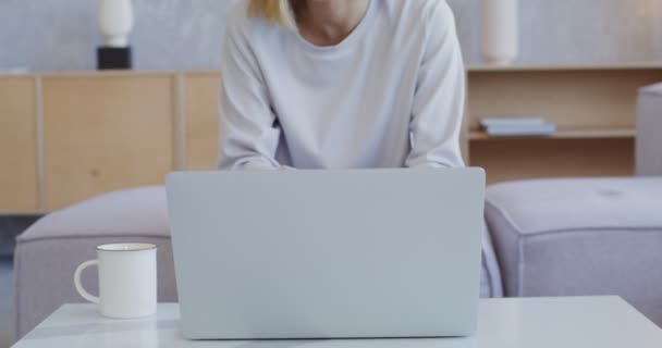 Mladá žena s úsměvem mluví na video hovor na notebooku, zatímco sedí na pohovce — Stock video