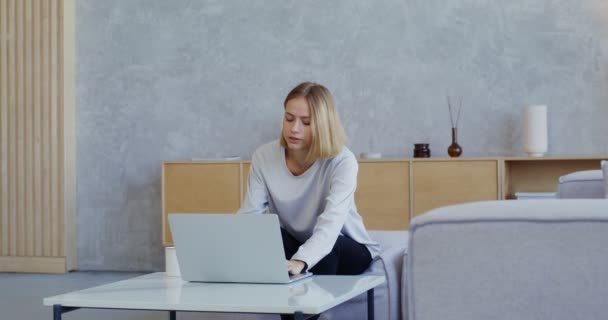 Uma jovem mulher sorrindo falando em videochamada no laptop enquanto se senta no sofá — Vídeo de Stock