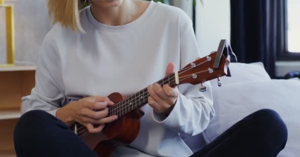 A young woman plays the ukulele and sings, sitting on the sofa — Stock Video