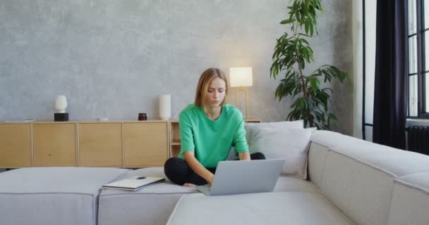 一个年轻的女人坐在一台笔记本电脑前工作，坐在一个现代化的室内沙发上 — 图库视频影像