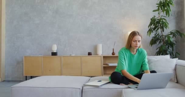 一个年轻的女人坐在一台笔记本电脑前工作，坐在一个现代化的室内沙发上 — 图库视频影像