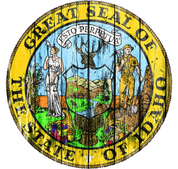 Vlajka Seal Idaho maloval na dřevěném rámu — Stock fotografie