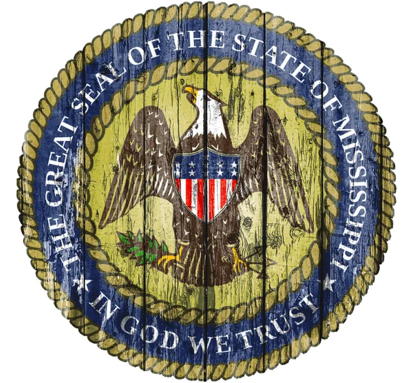 Vlajka Seal Mississippi maloval na dřevěném rámu — Stock fotografie