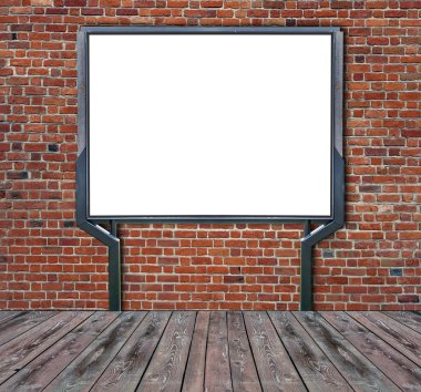 Kırmızı tuğla duvar ekranda büyük boş, boş, beyaz billboard