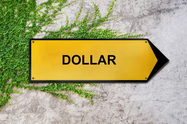 Dólar en signo amarillo colgando en la pared de hiedra — Foto de Stock