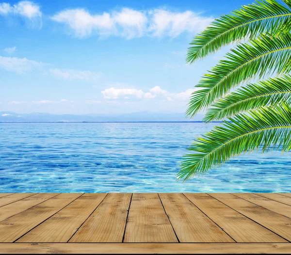 Mar azul, hoja de palmera y terraza de madera — Foto de Stock