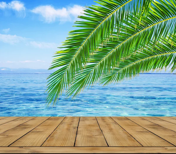 Mavi deniz, palmiye ağacı yaprağı ve ahşap Teras — Stok fotoğraf