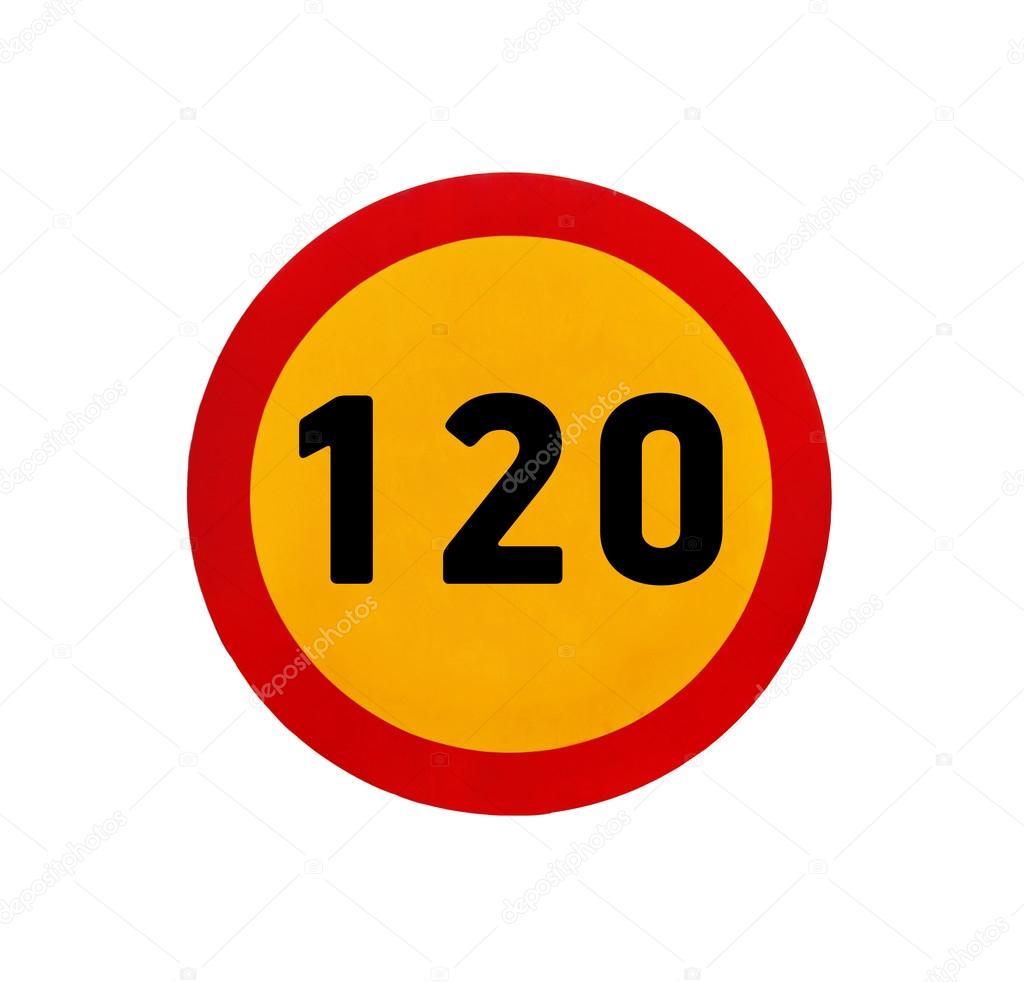 Yellow round speed limit 120 road sign