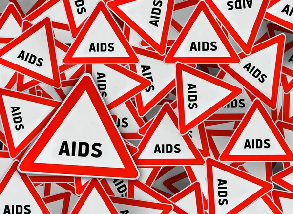 Bir sürü kırmızı üçgen yol işaret AIDS — Stok fotoğraf