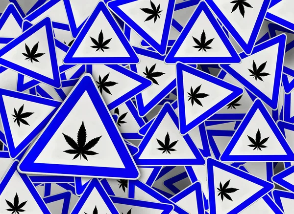 Hodně marihuany na modrý trojúhelník dopravní značka — Stock fotografie