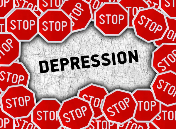 Znak stop i słowo depresja — Zdjęcie stockowe
