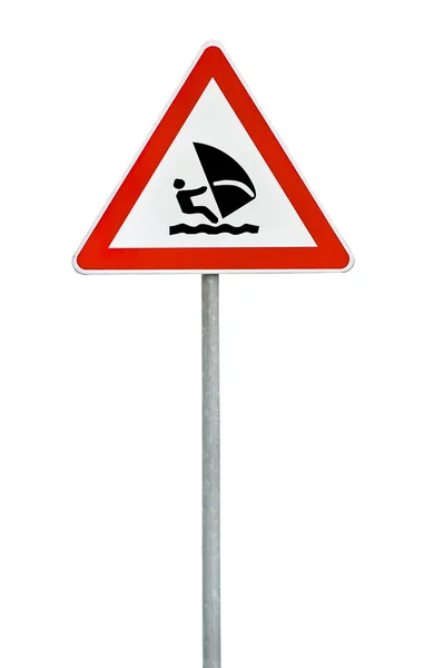 Triângulo na estrada haste sinal barco vela — Fotografia de Stock