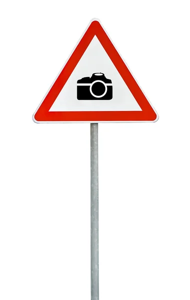 Driehoekje op staaf weg teken camera aandacht — Stockfoto