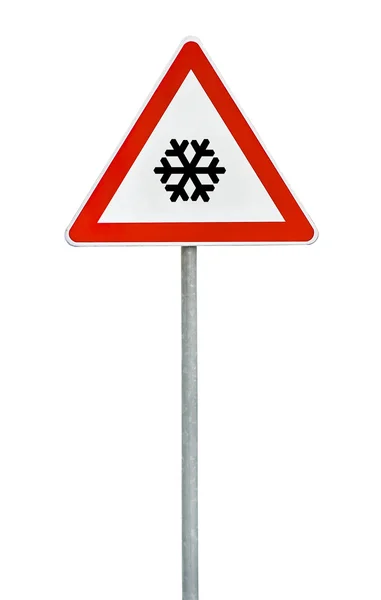 Triângulo no sinal da estrada da haste para o frio — Fotografia de Stock