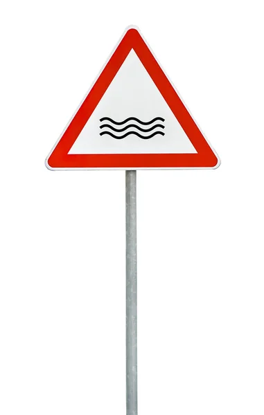 Háromszög a rúd road sign folyó figyelmet — Stock Fotó
