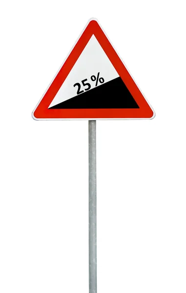 Triangle road sign dangerous descent on rod — Stock Photo, Image